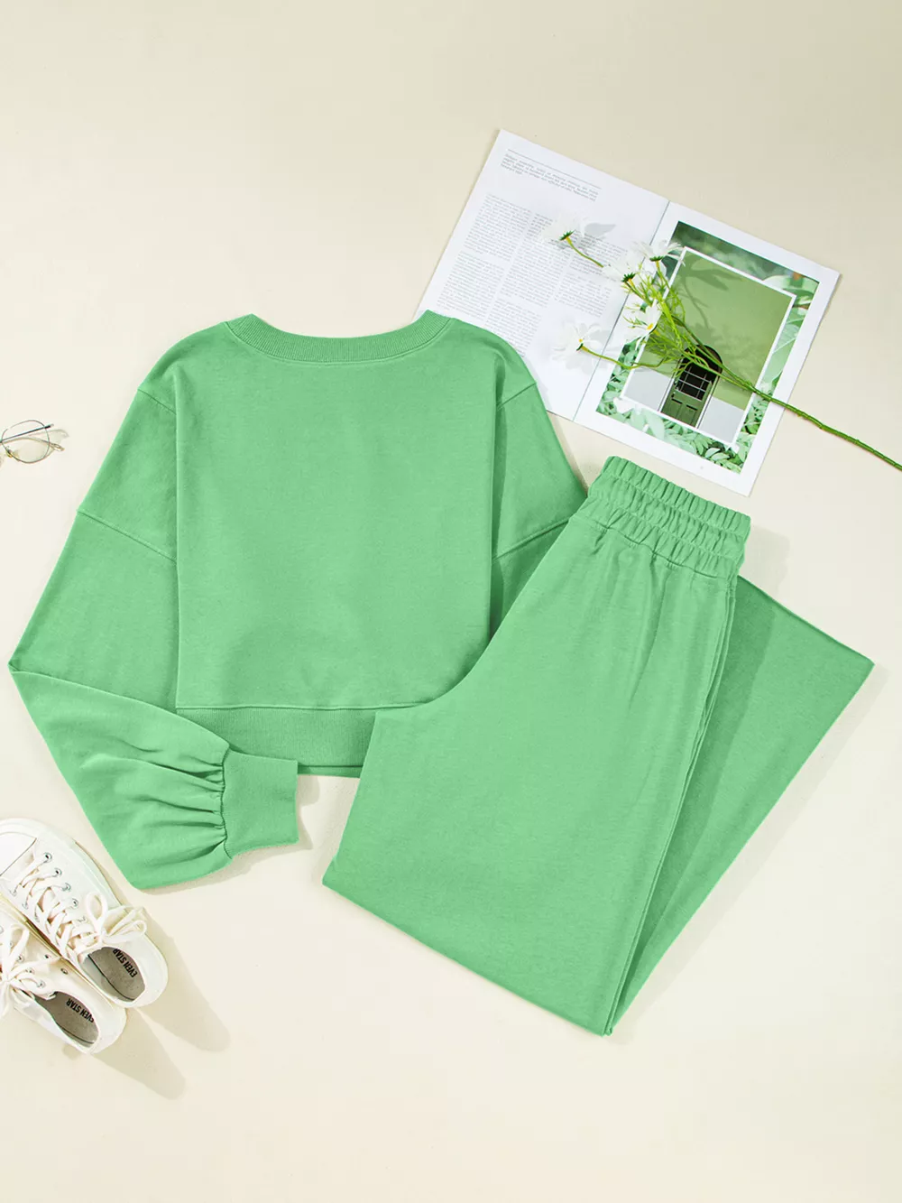 Drop Shoulder Puff Sleeve Crop Top and Drawstring Wide Leg Pants Set, image 20