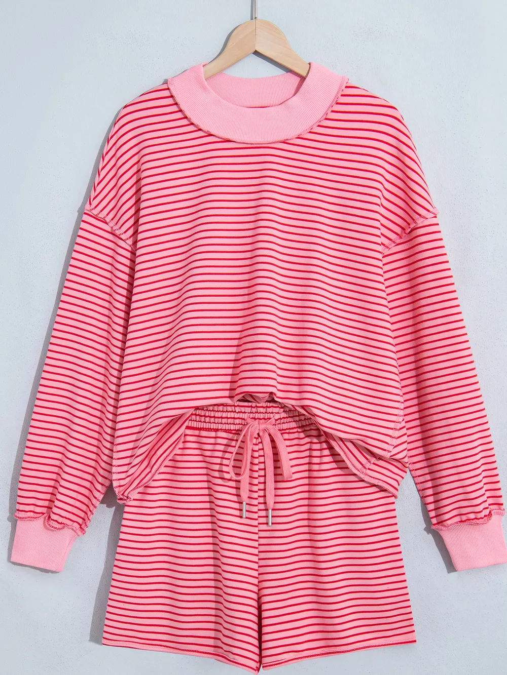 Stripe Ribbed Patchwork Mock Neck Baggy Pullover Matching Shorts Set, image 2