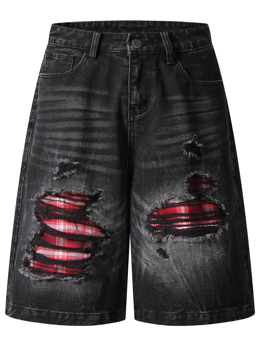 Men's Distressed Denim Shorts with Plaid Patches