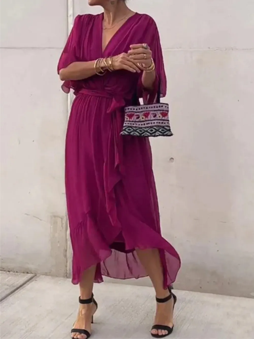 Full Size Flowy Tie Front Midi Dress with Flutter Sleeves Plus Size, image 24