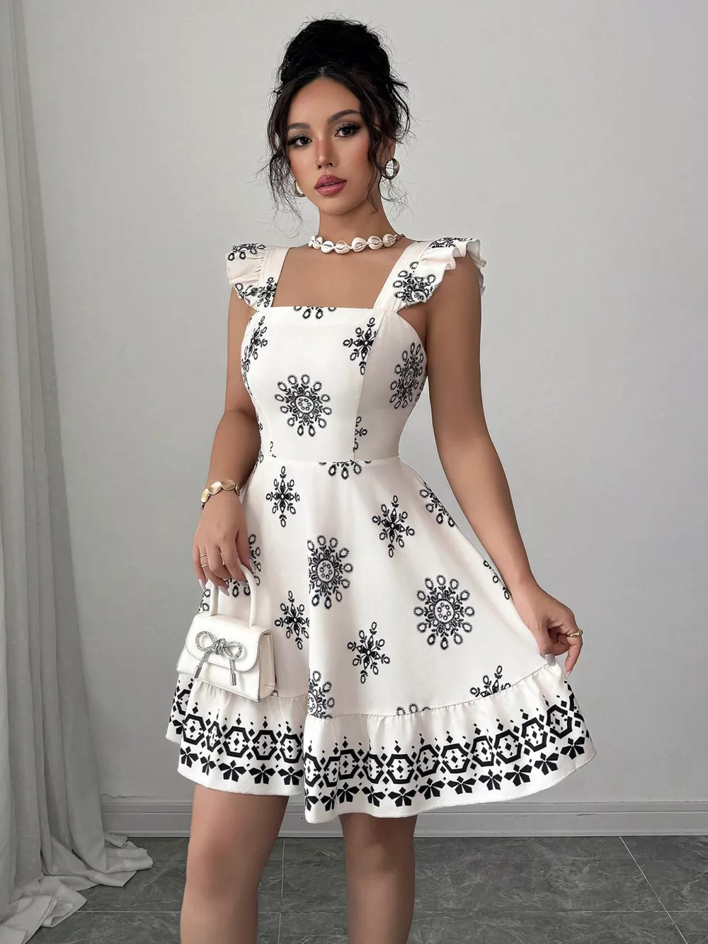 Printed Bow Back Square Neck Mini Dress, image 4