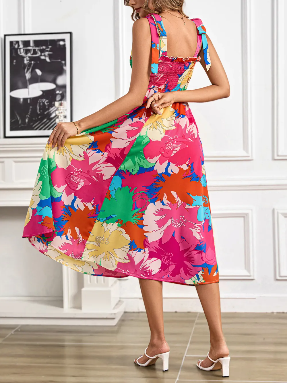 Smocked Printed Tie Shoulder Midi Dress, image 2