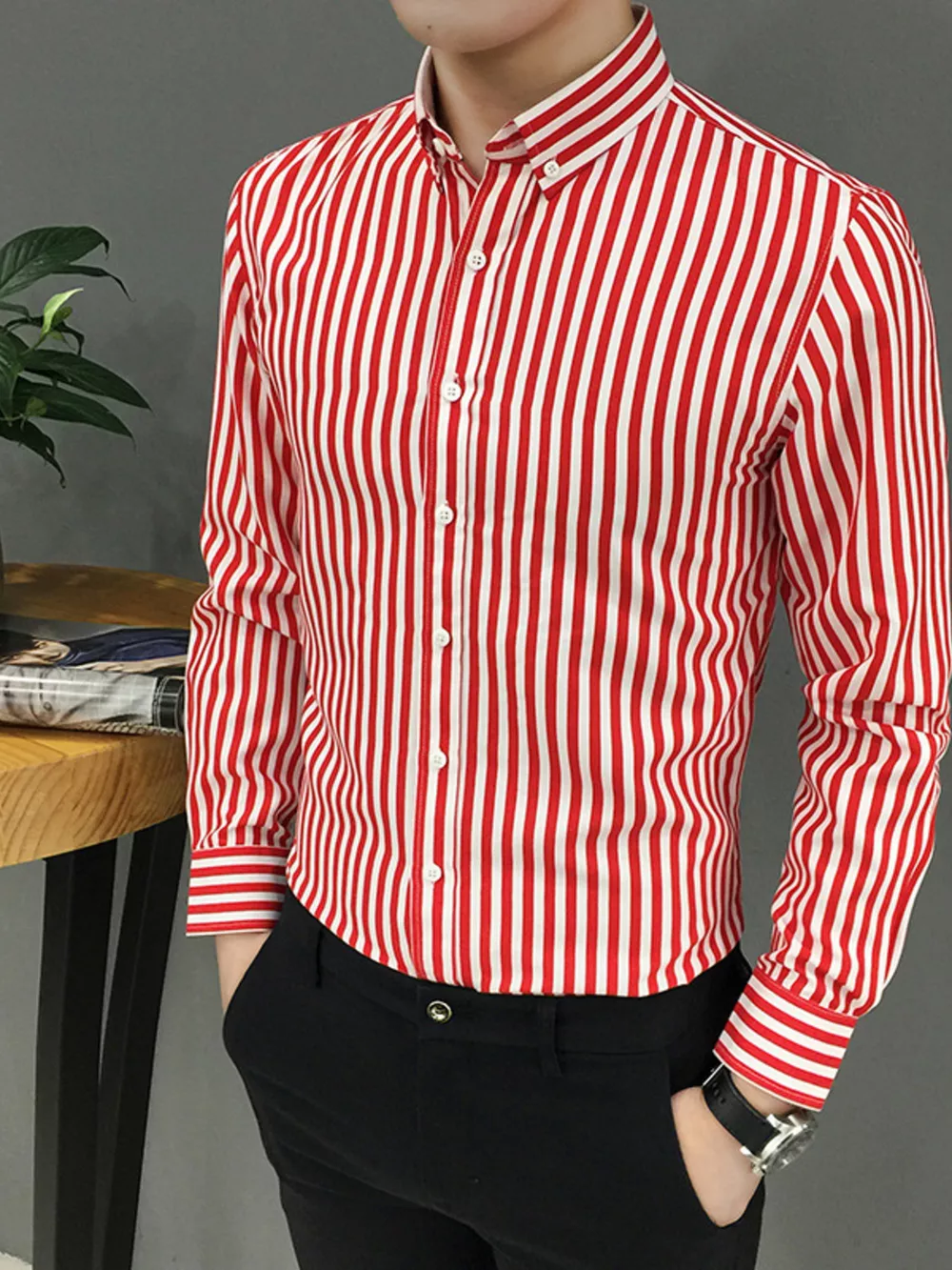 Men's Plus Size Striped Button Up Long Sleeve Shirt, image 5
