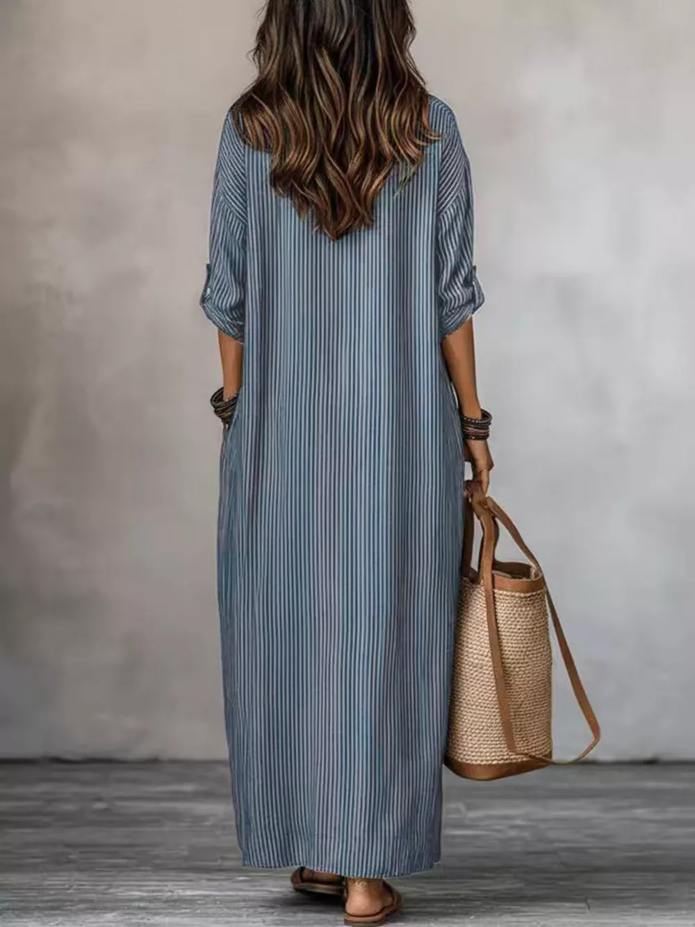 Full Size Striped Notched Maxi Dress with Pockets Plus Size, image 4