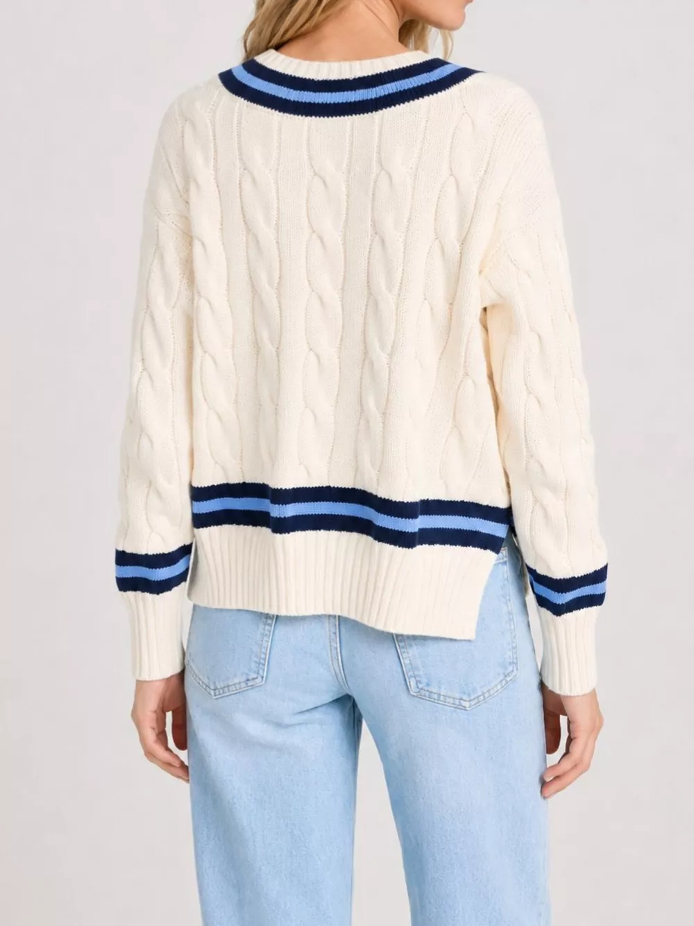 V-Neck Cable Knit Sweater with Contrast Striped Trim, image 5