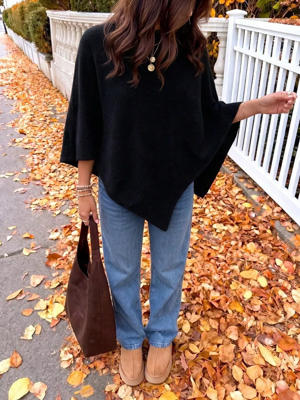 Brushed Loose Shawl Round-Neck Cape Sweater with Bat Sleeves, image 8