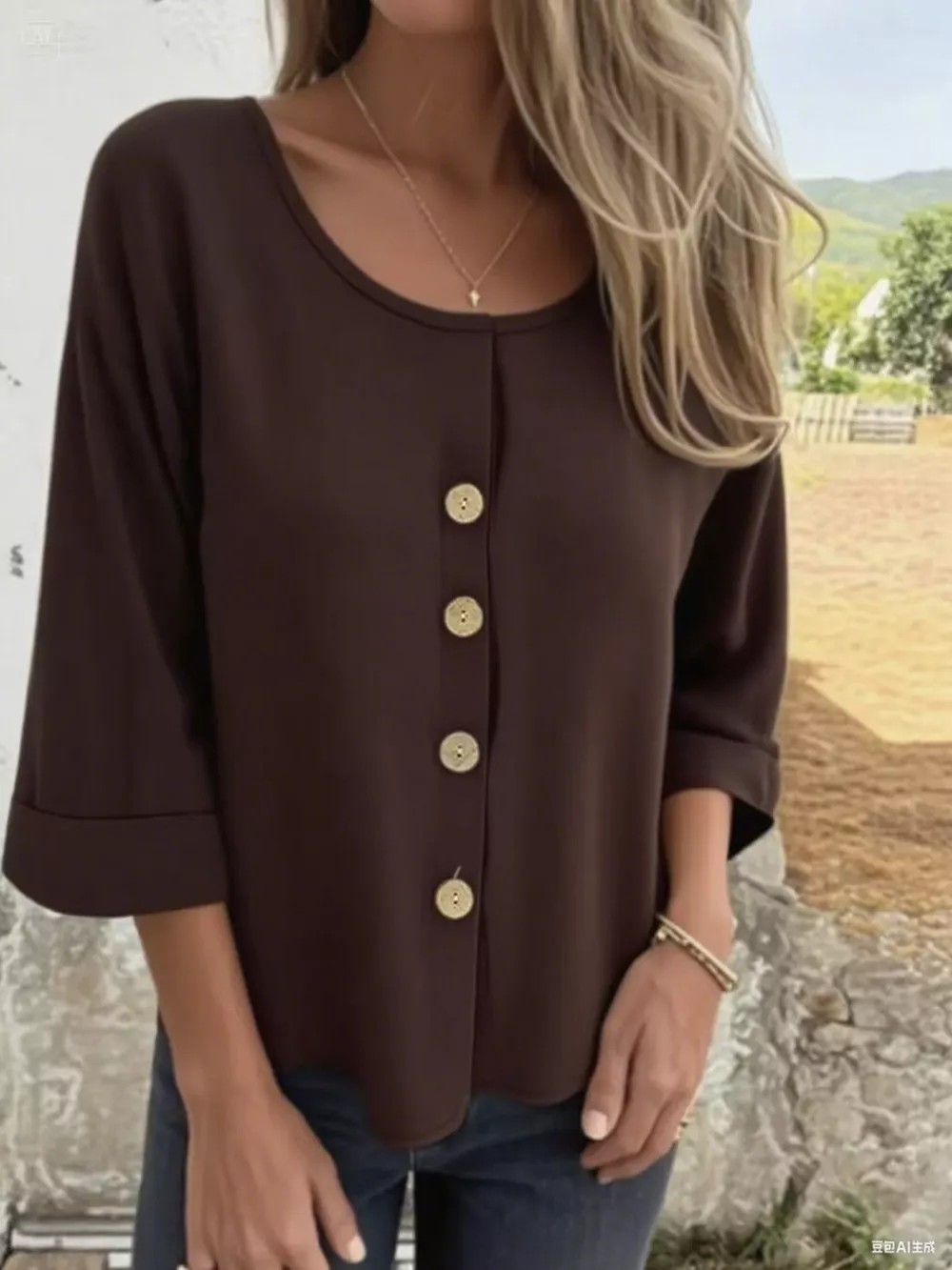Full Size Button-Front 3/4 Sleeve Casual Blouse Plus Size, image 15