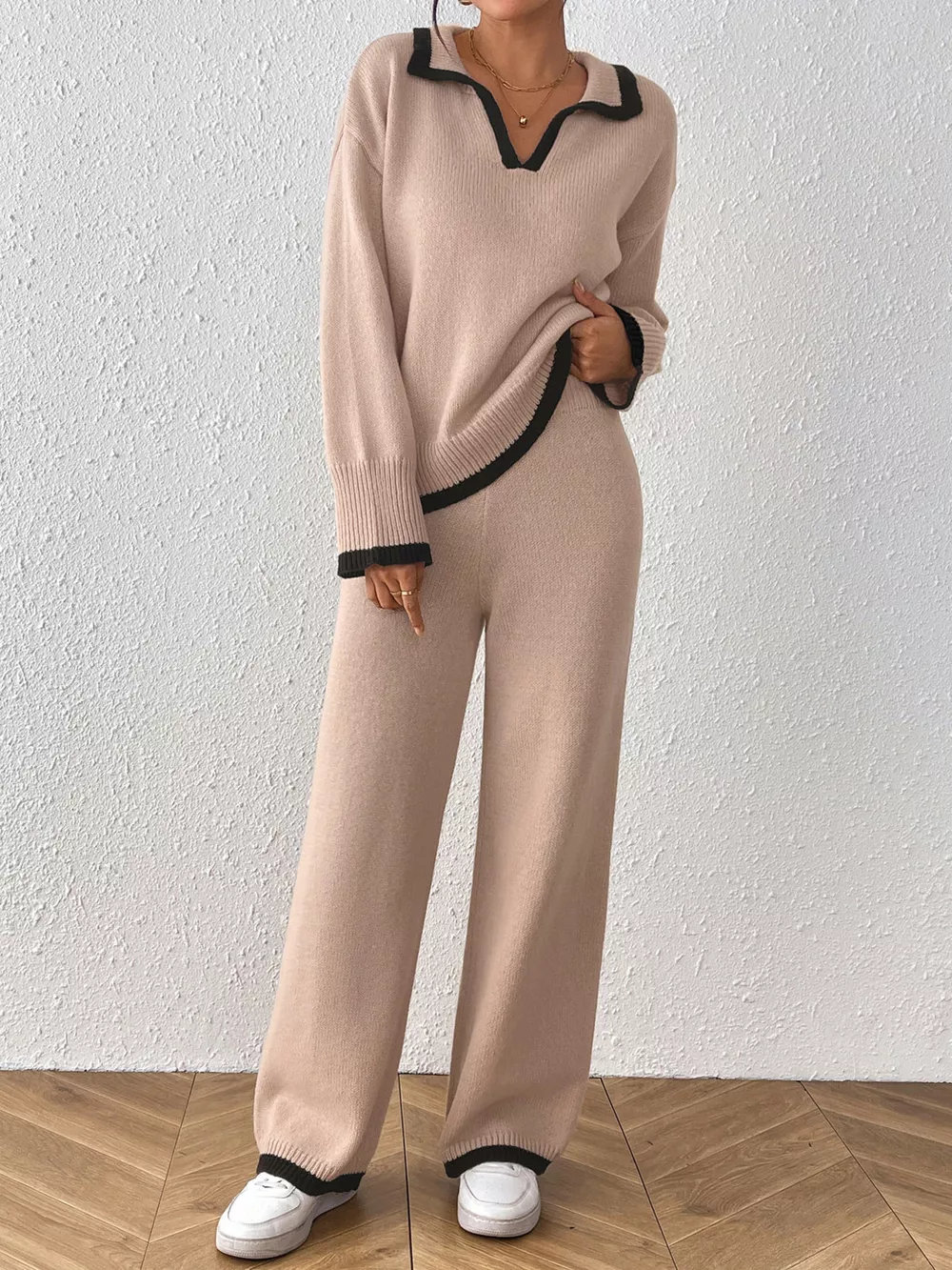 Contrast Trim Polo Collar Top and Pants Sweater Set, image 5