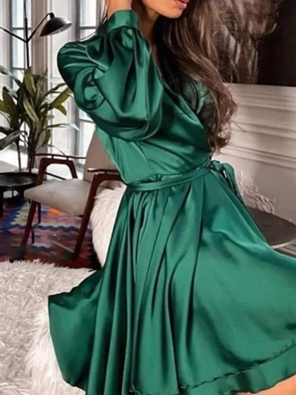 Satin Surplice Long Sleeve Mini Dress, image 13