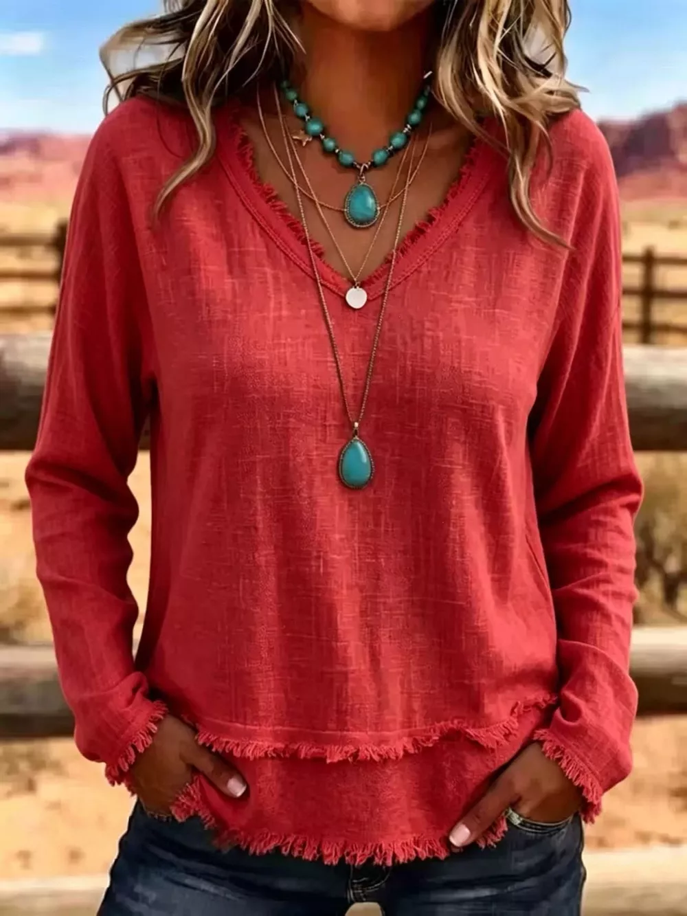V-Neck Long Sleeve Blouse with Frayed Hem Detail, image 20