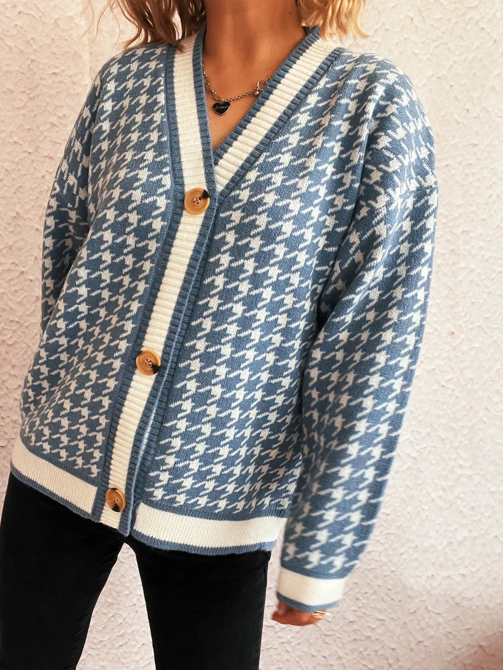 Houndstooth Pattern V-Neck Button-Up Cardigan, image 13