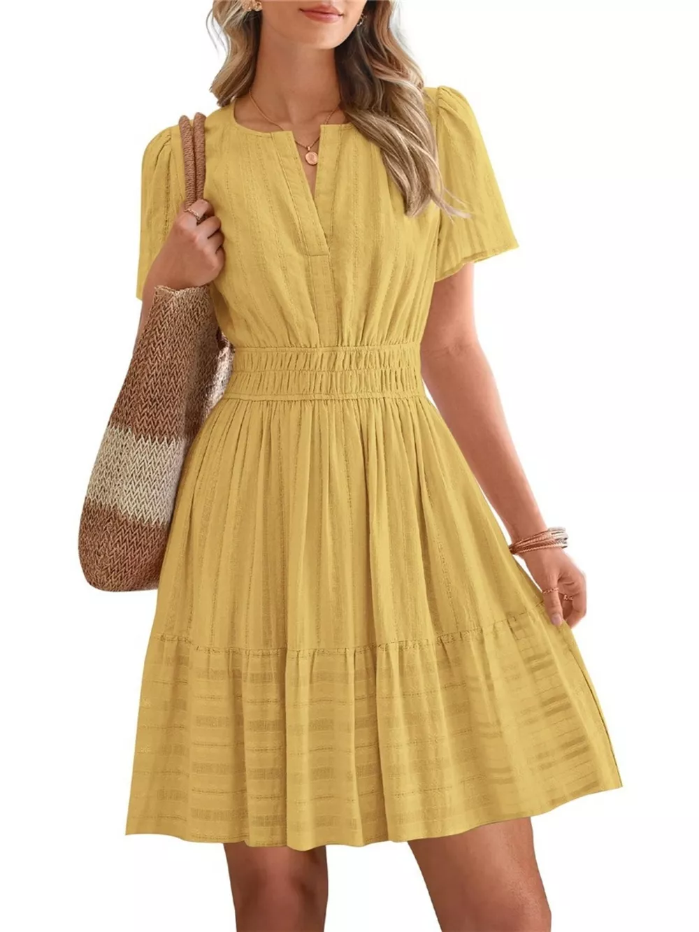 Short Sleeve Smocked Waist Tiered Dress, image 7