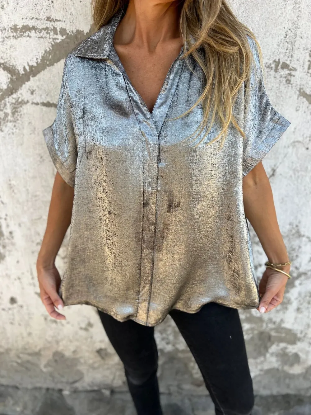 Full Size Collared Neck Short Sleeve Shirt Plus Size, image 4