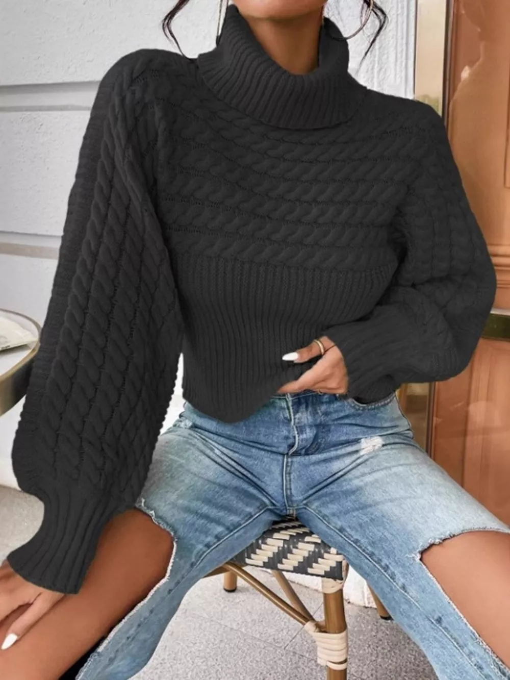 Textured Knit Turtleneck Long Sleeve Sweater, image 16