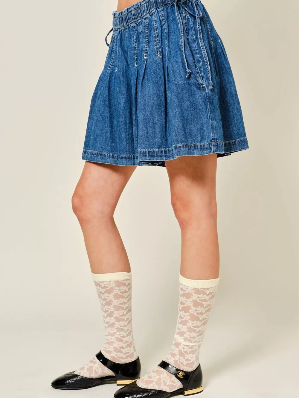 Pleated Elastic Waist Denim Shorts, image 8