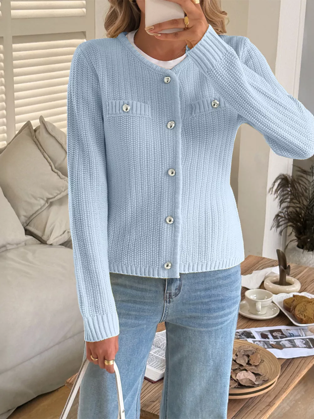Button-Front Ribbed Long Sleeve Cardigan, image 6