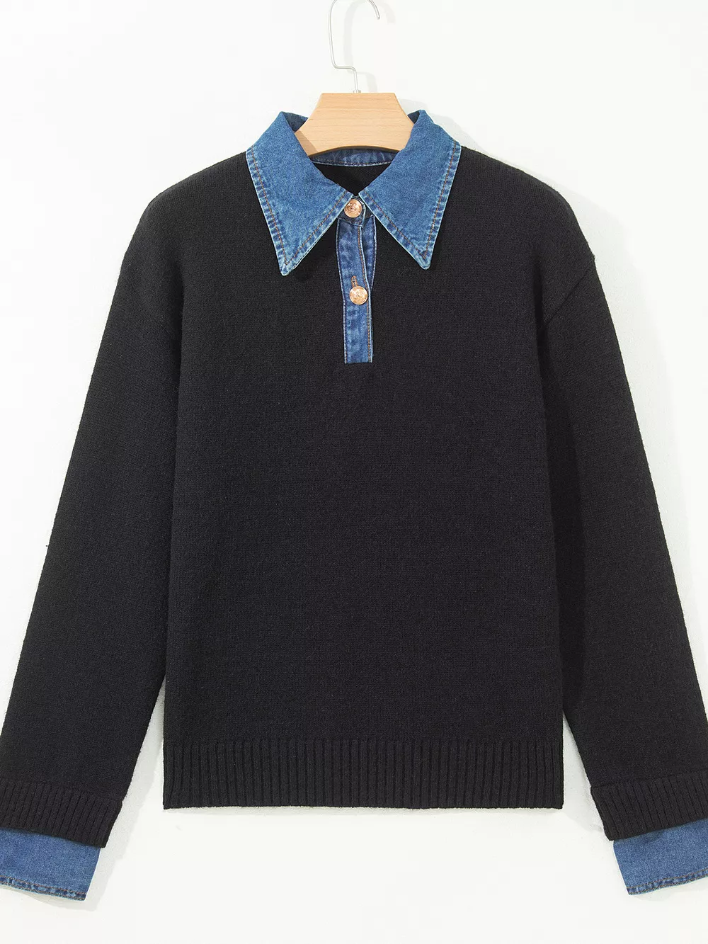 Denim Patchwork Collar Cuffed Casual Sweater, image 7