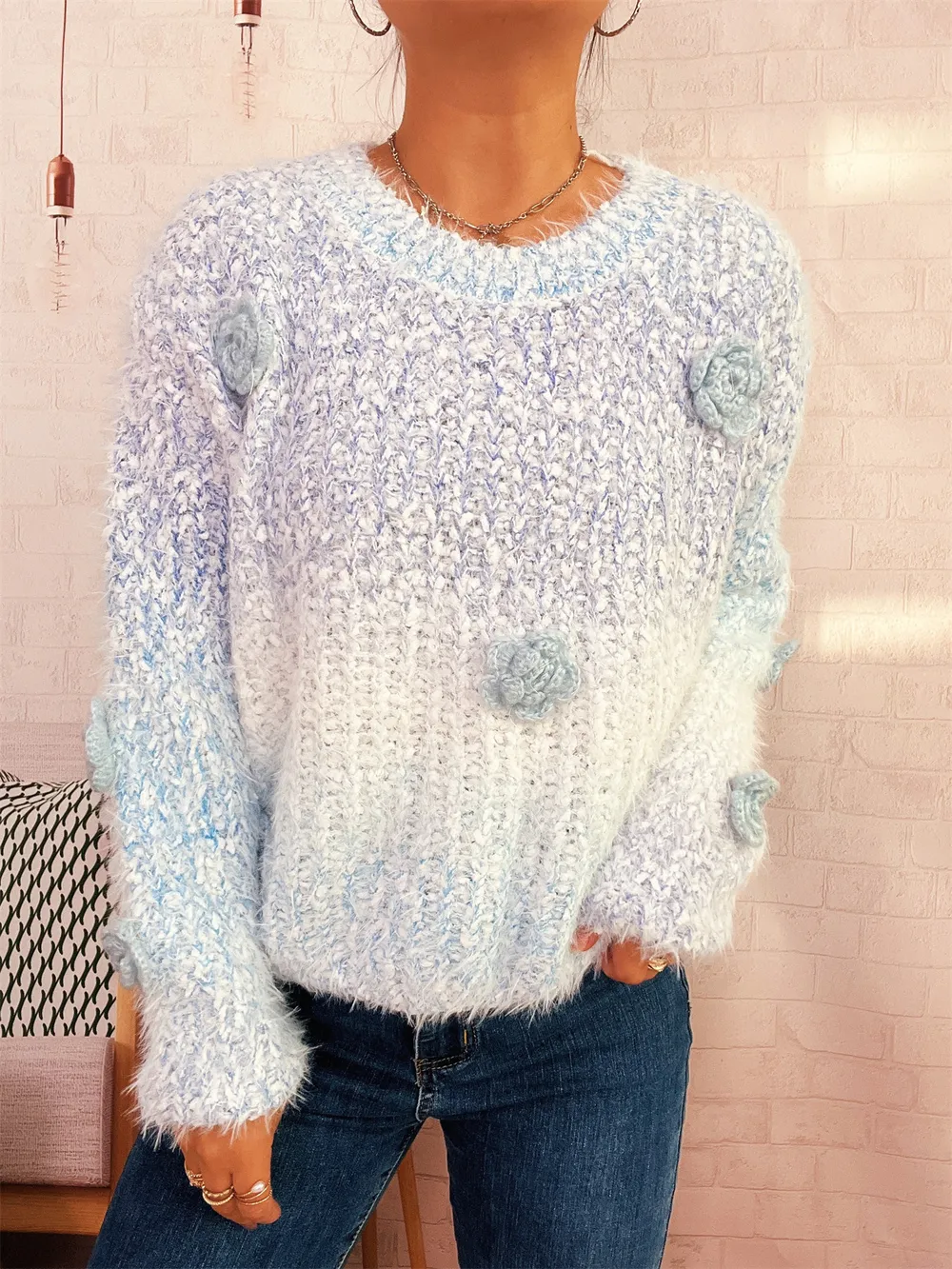 Flower Embellished Round Neck Sweater, image 12