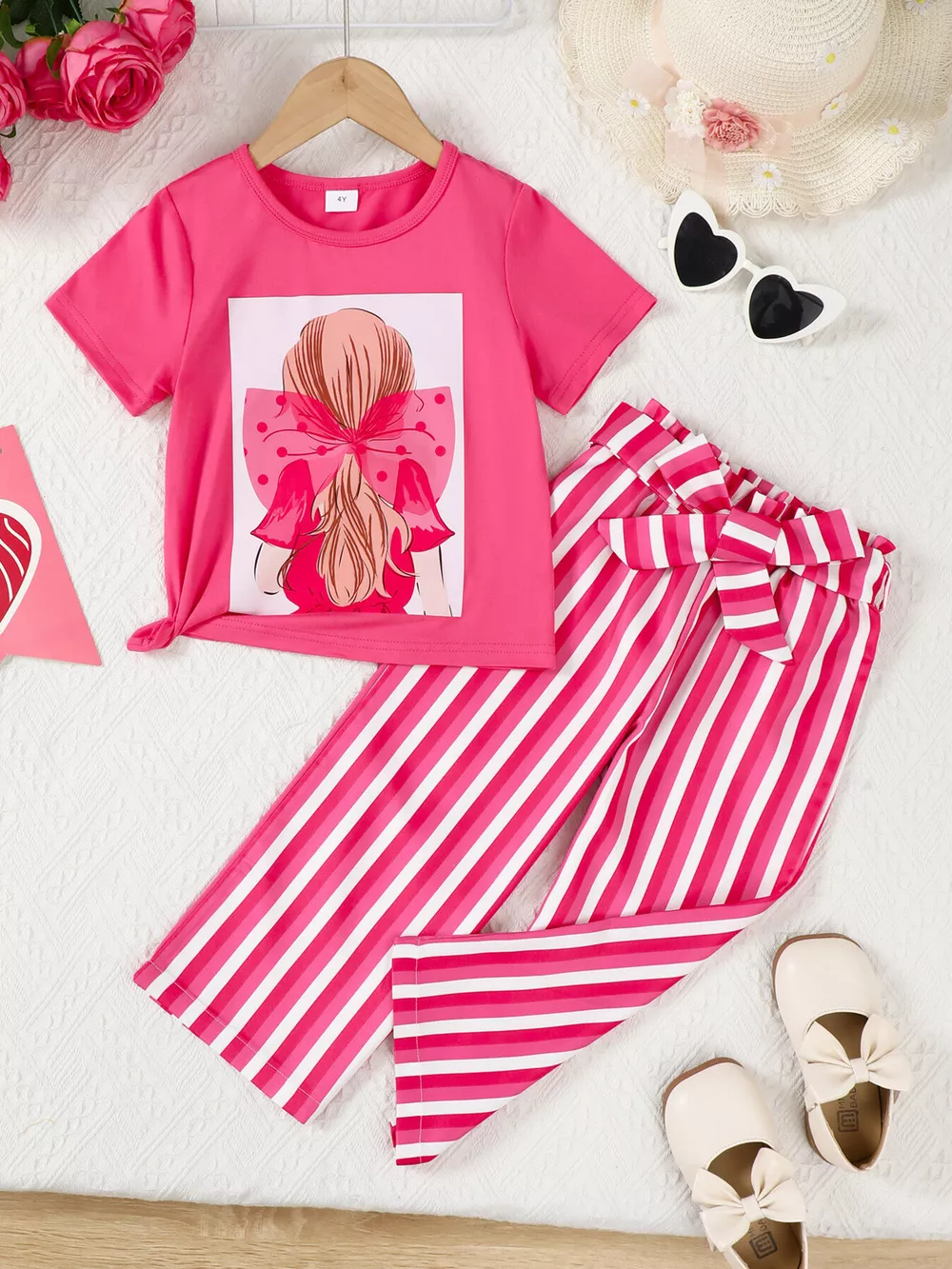 Children's Girly Bowknot T-Shirt & Striped Pants Set, image 3