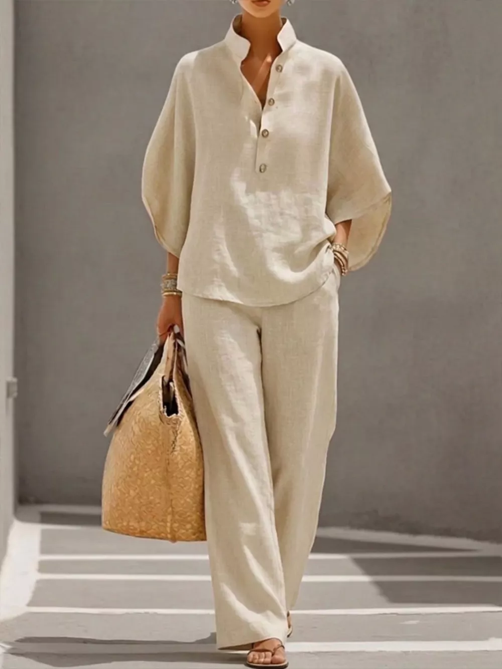 Full Size Button Detail 3/4 Sleeve Top and Pants Set Plus Size