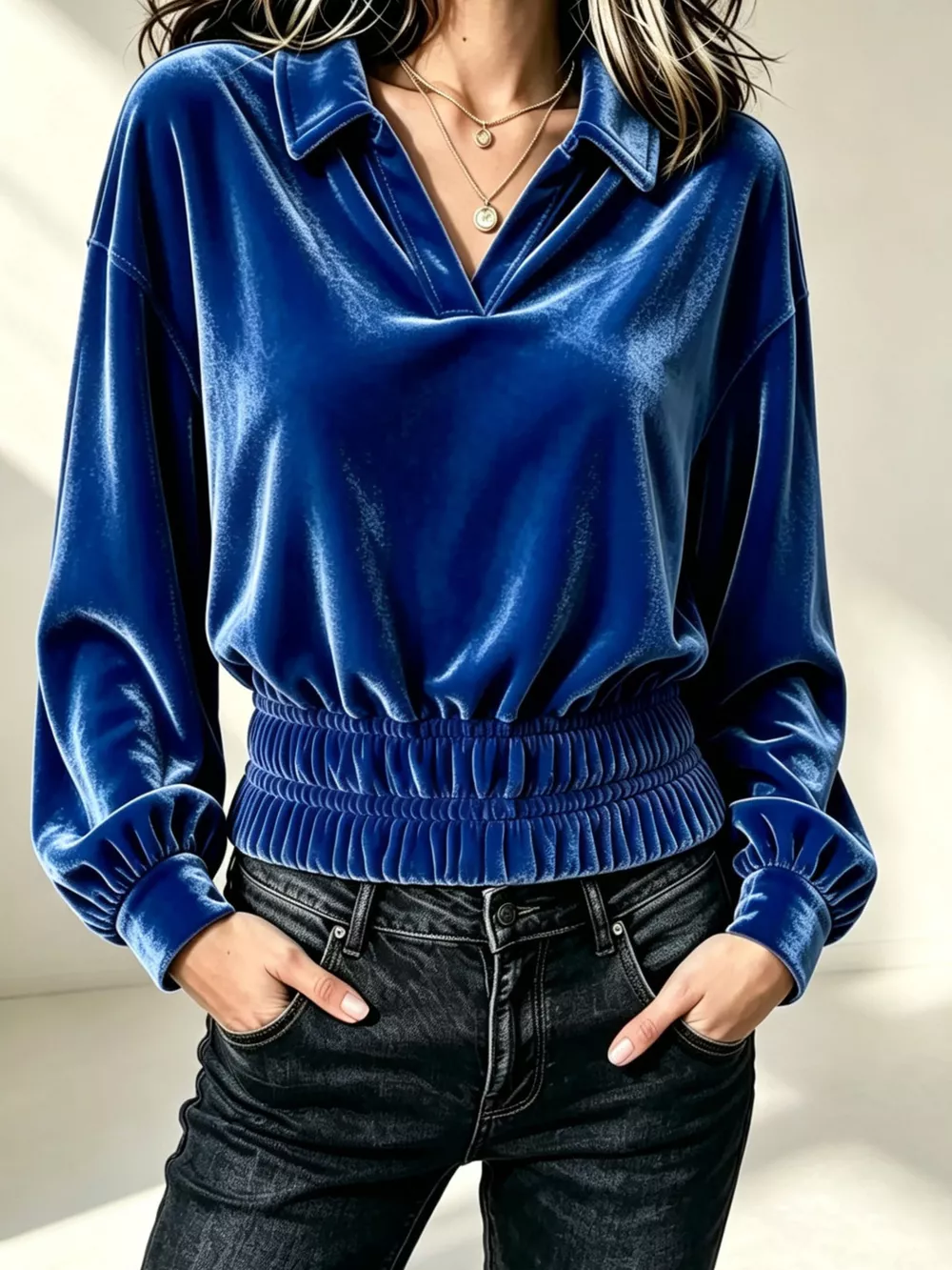 Velvet Johnny Collar Long Sleeve Blouse, image 5