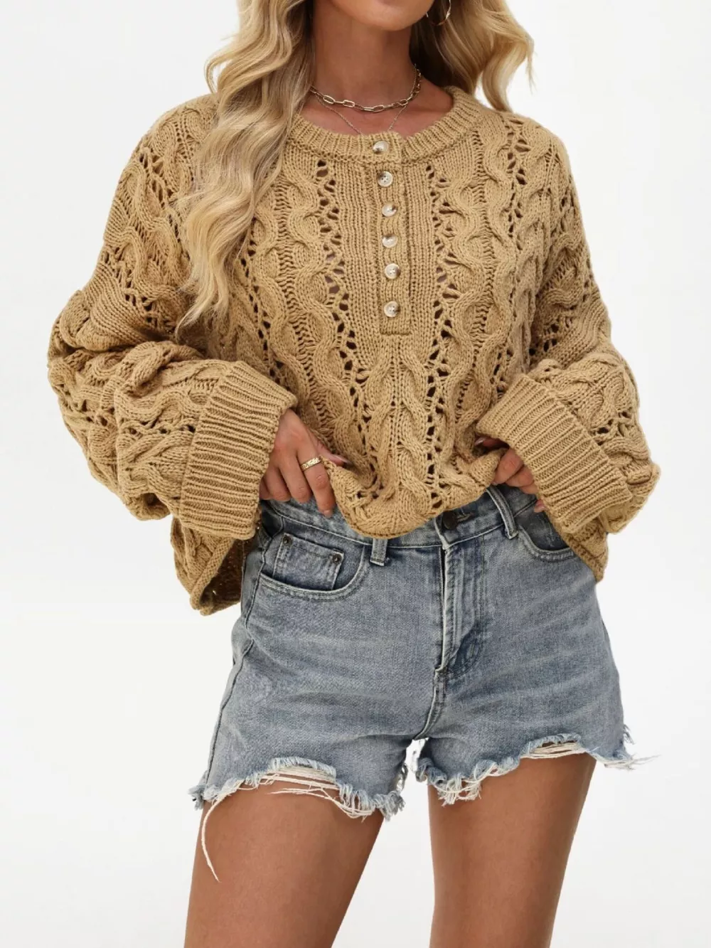 Chic Cable Knit Half-Button Openwork Sweater, image 9