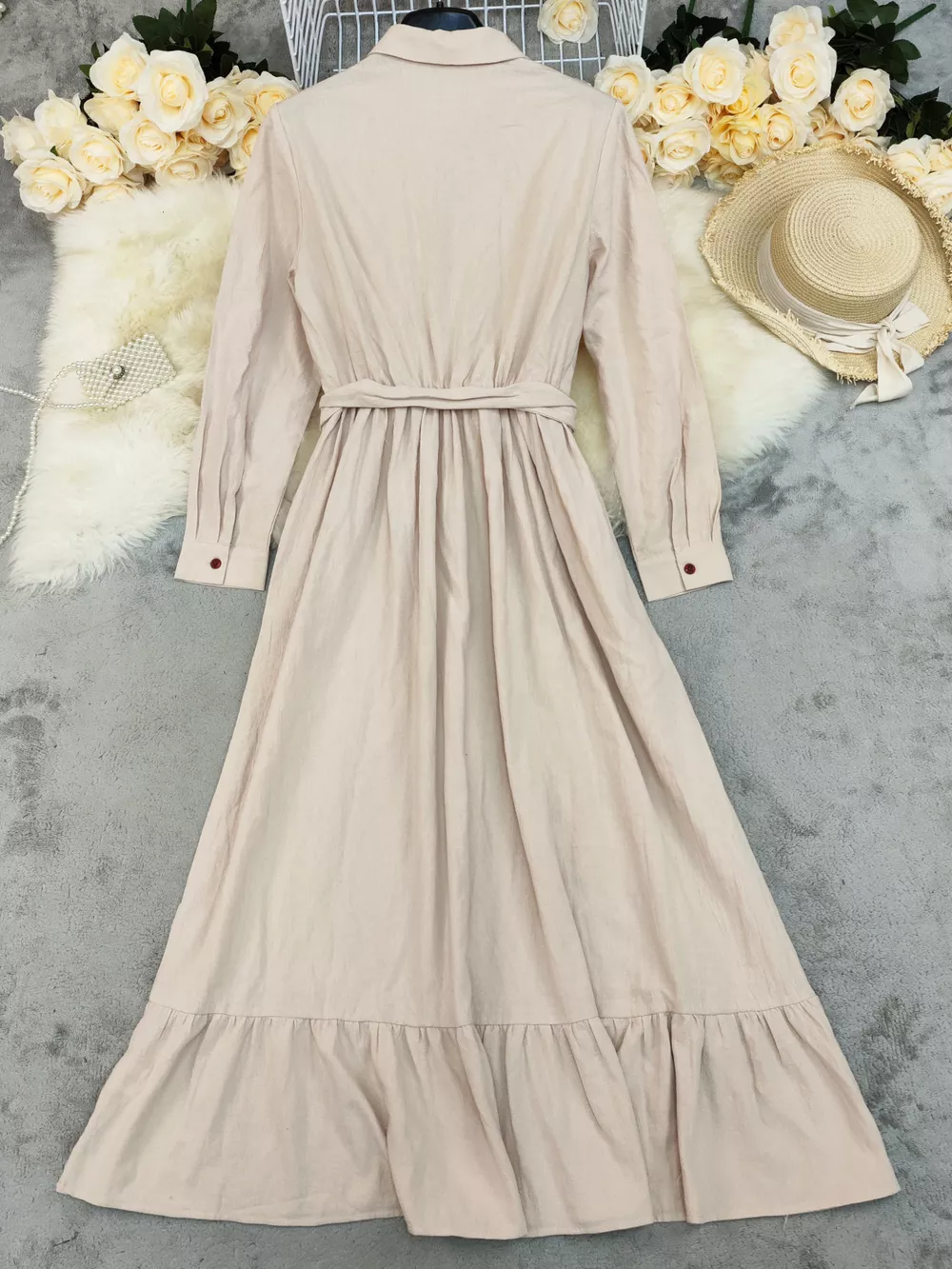 Tie Waist Long Sleeve Ruffled Hem Dress, image 3