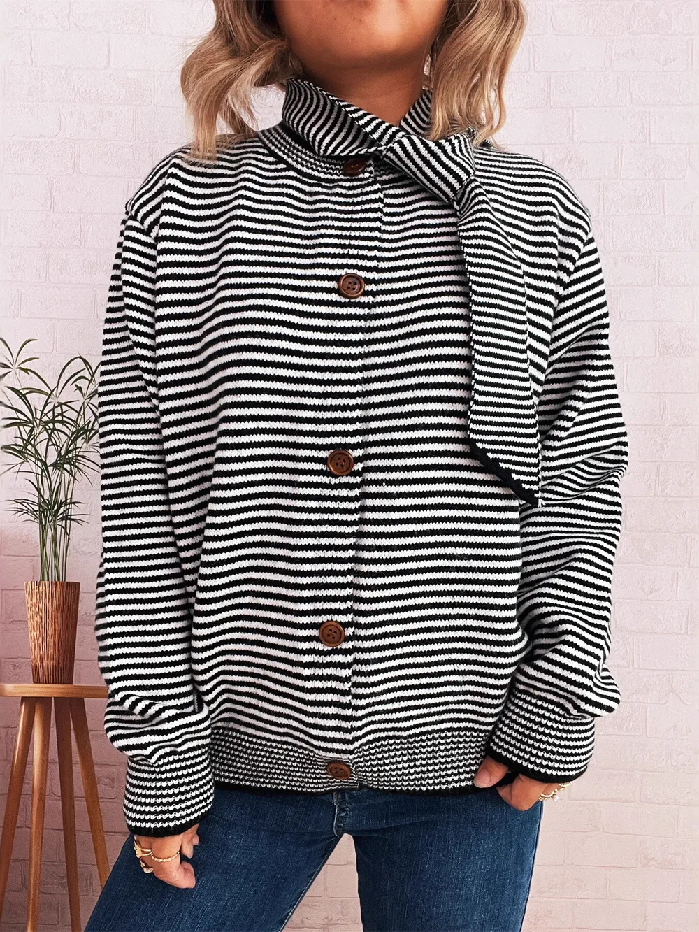 Striped Button Up Long Sleeve Cardigan, image 2