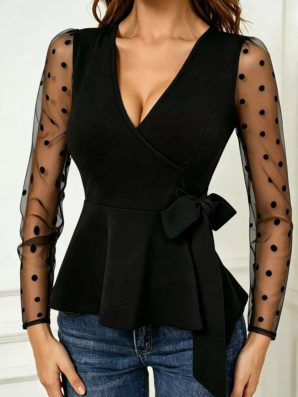 Polka Dot Mesh Sleeve Peplum Blouse, image 2