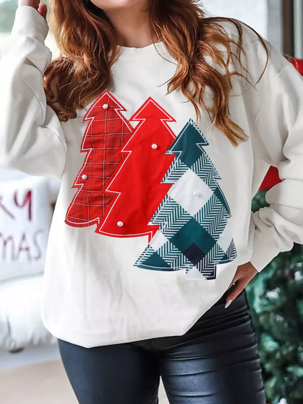 Pearl Plaid Christmas Tree Patched Drop Shoulder Sweatshirt