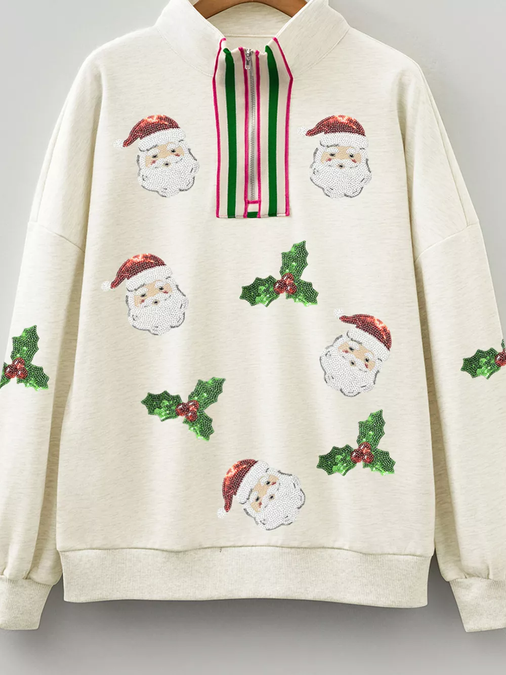 Sequin Santa Christmas Holly Patched Striped Trim Zip V Neck Sweatshirt, image 3