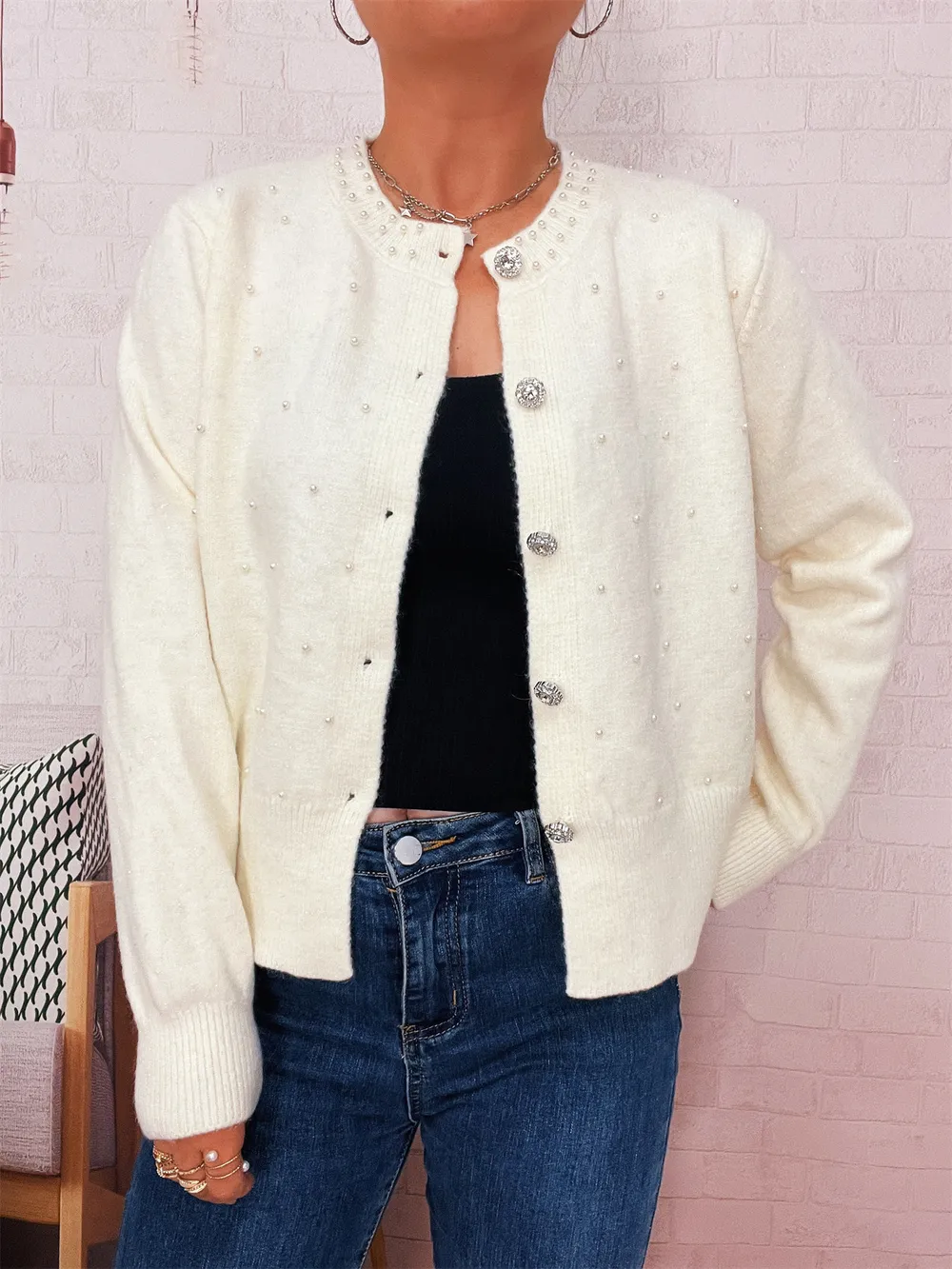 Pearl Detail Button-Front Cardigan, image 15