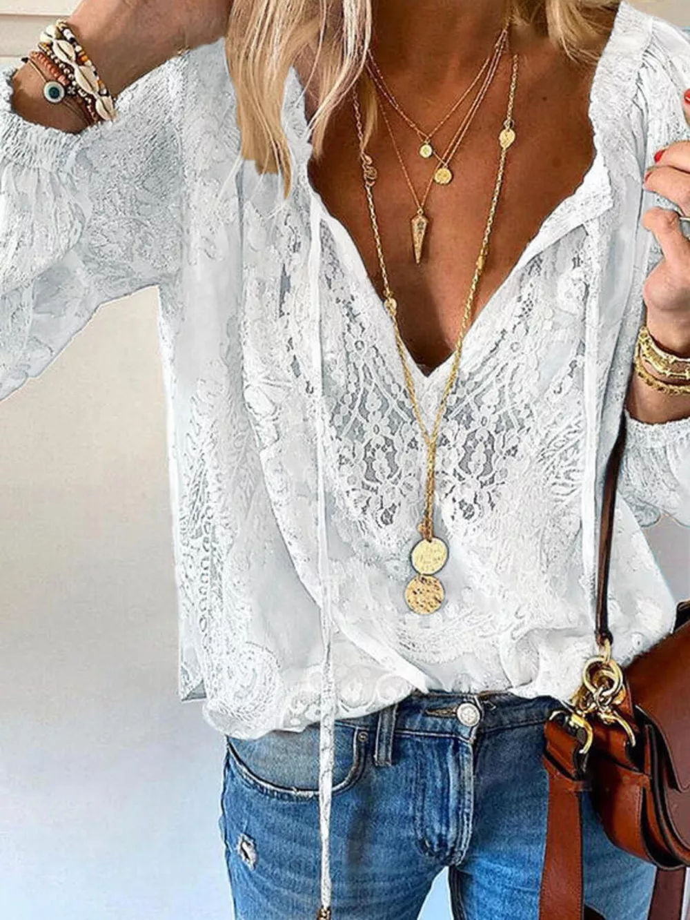 Lace Tie Neck Long Sleeve Blouse, image 9