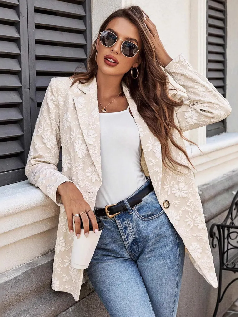 Floral Jacquard One Button Long Sleeve Blazer, image 4
