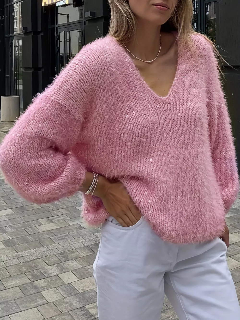 Sparkling Fuzzy V-Neck Knit Top, image 3