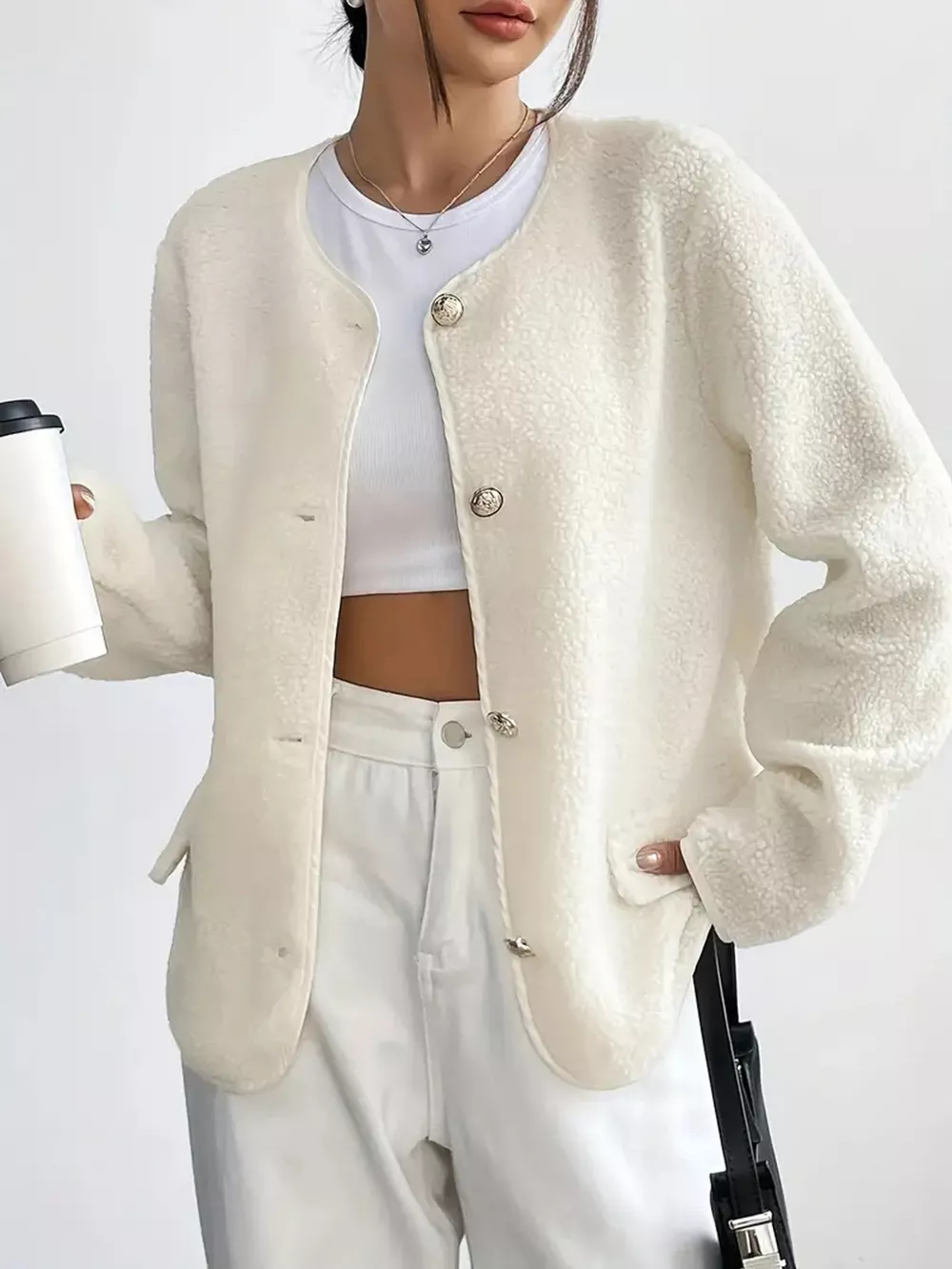 Full Size Textured Button-Up Fleece Outerwear Plus Size, image 4