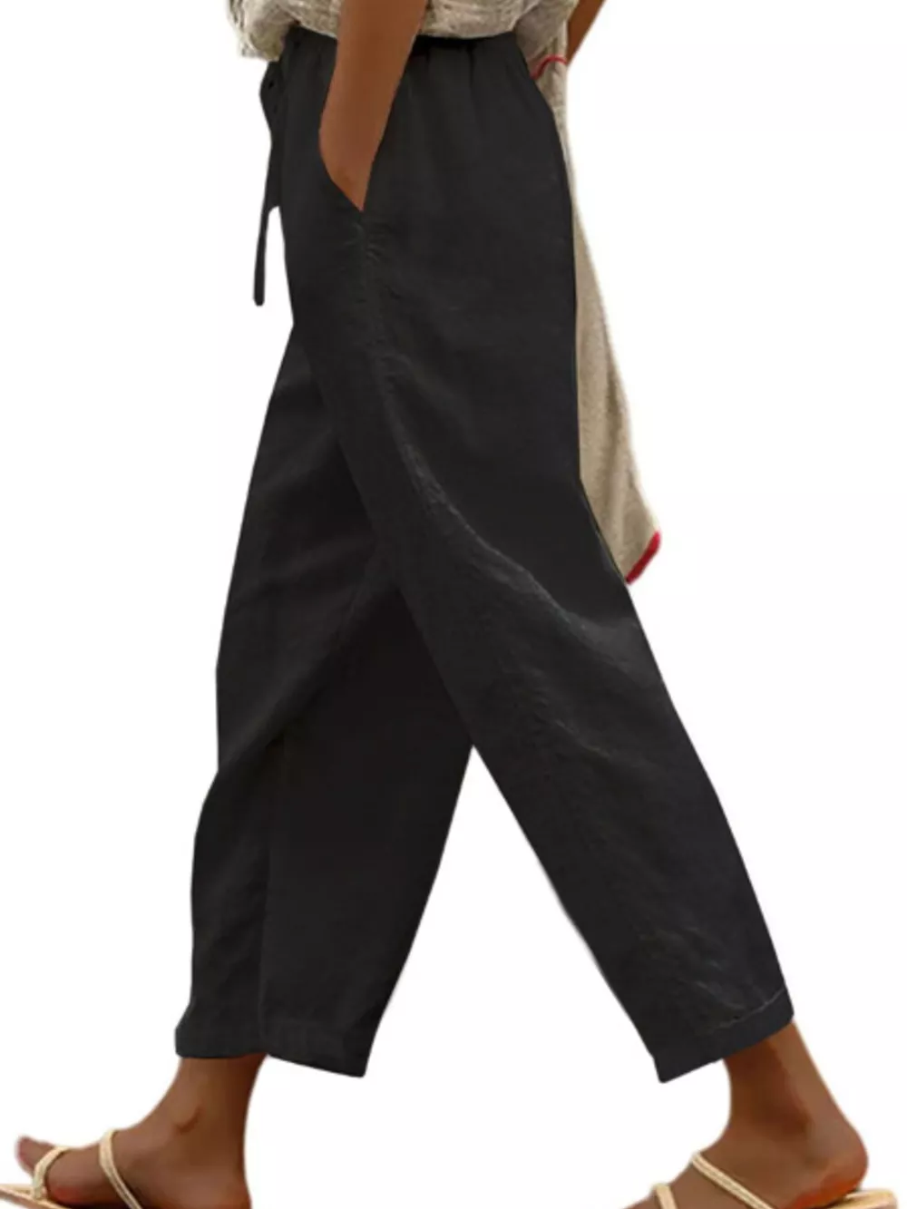 Casual Linen Drawstring Cropped Pants