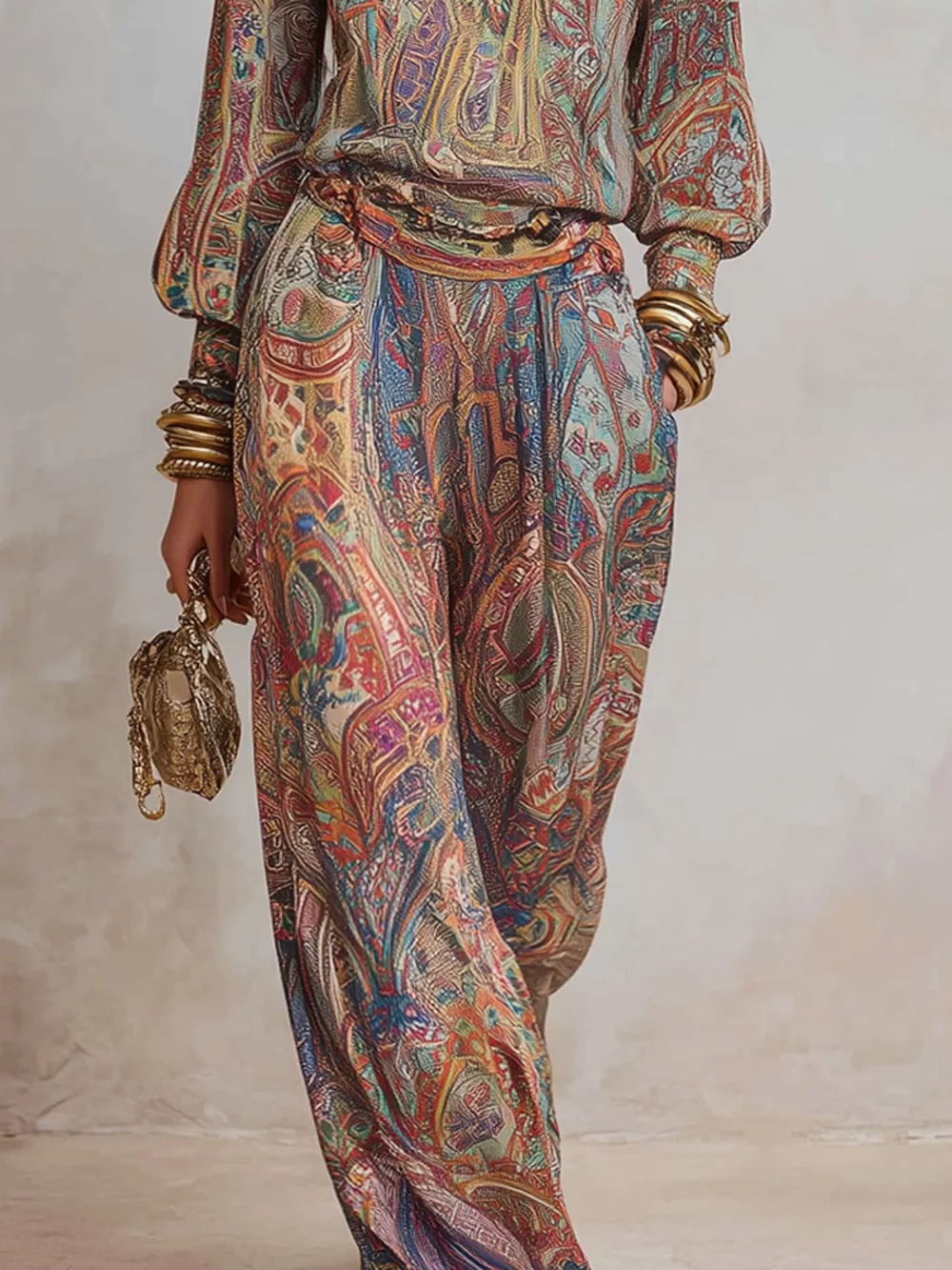 Paisley Print Long Sleeve Top and Pants Set, image 3