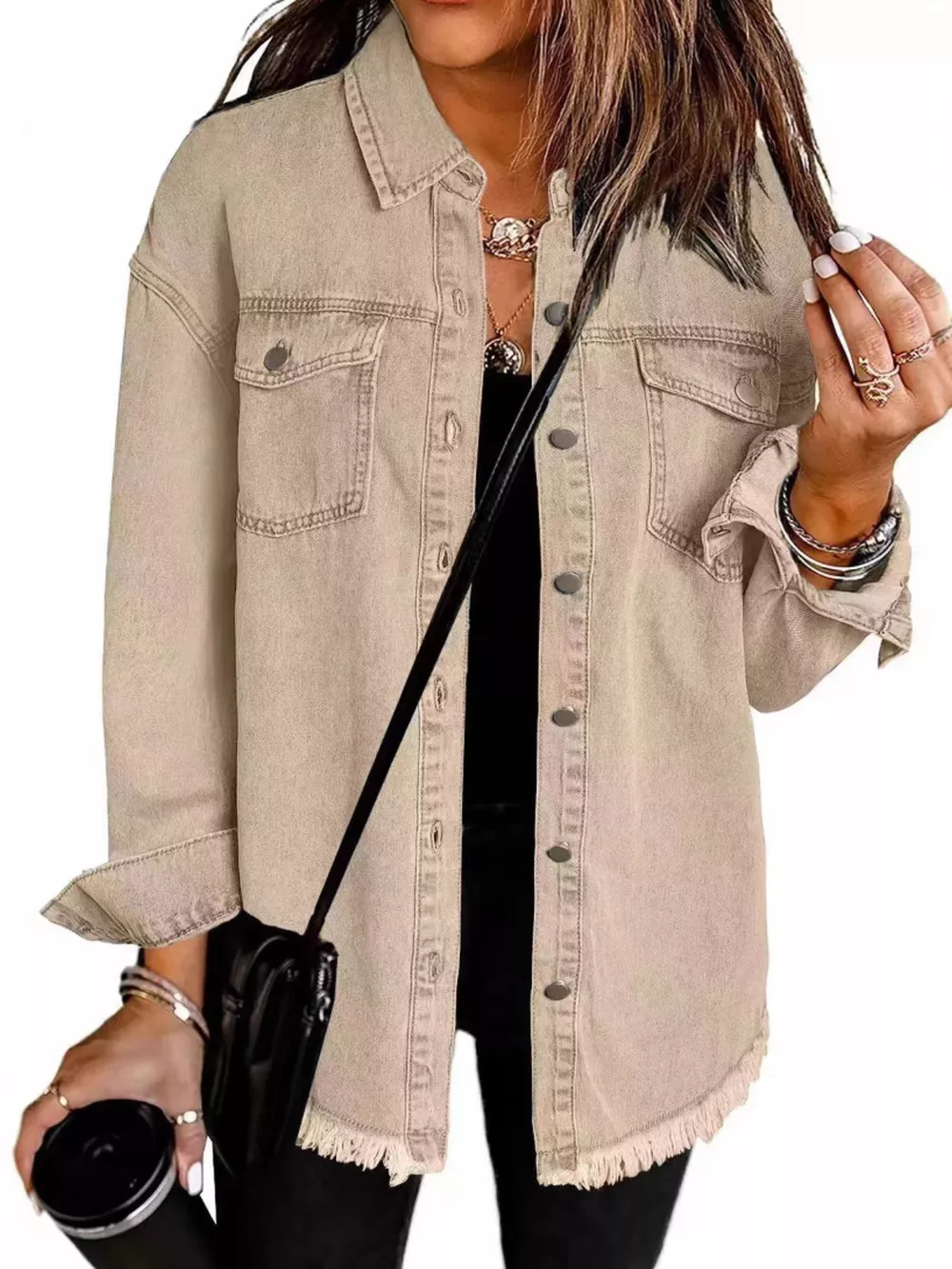 Frayed Hem Button Up Denim Jacket, image 9