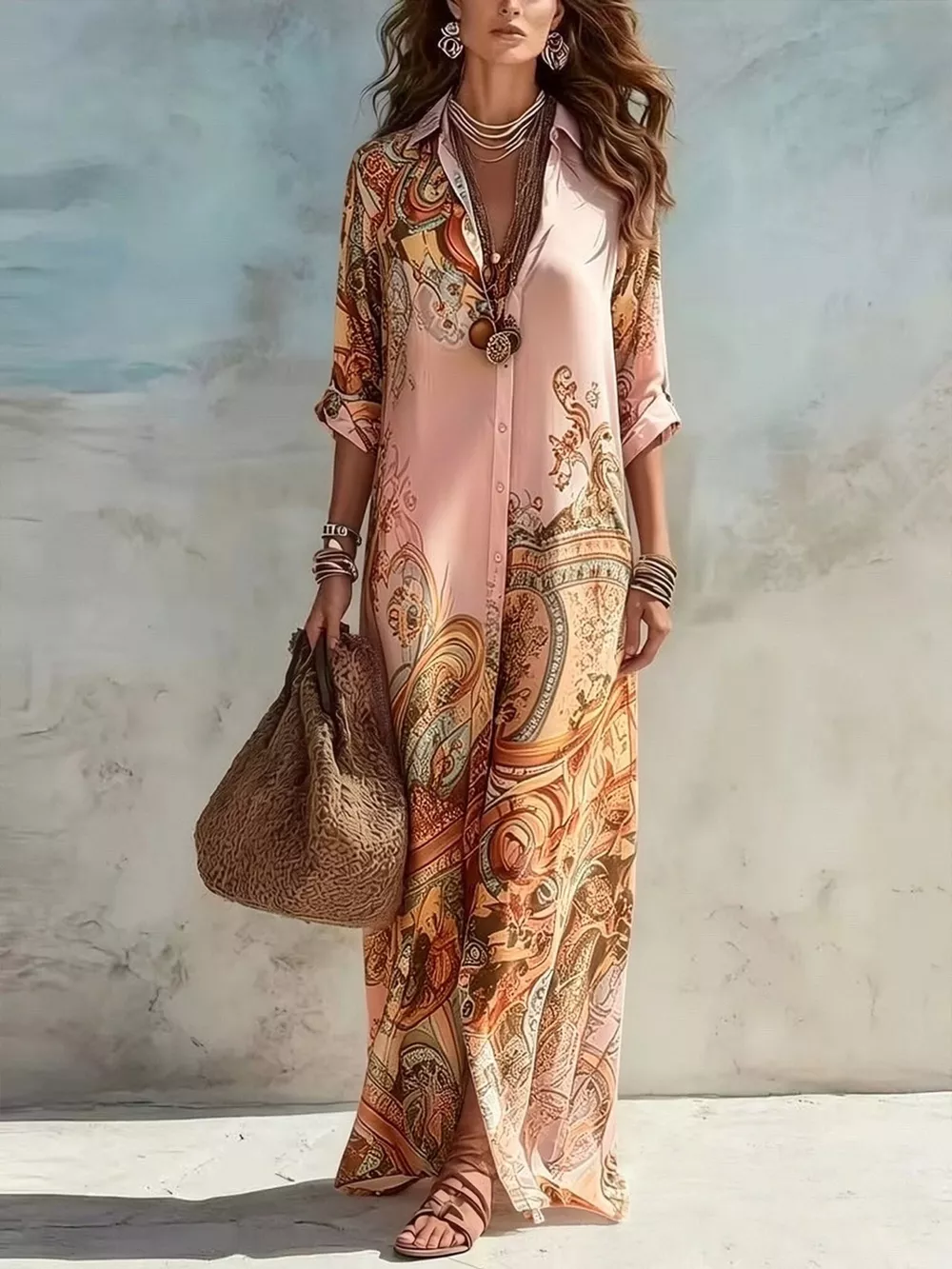 Full Size Printed Button Down Roll-Up Sleeve Shirt Maxi Dress Plus Size, image 6