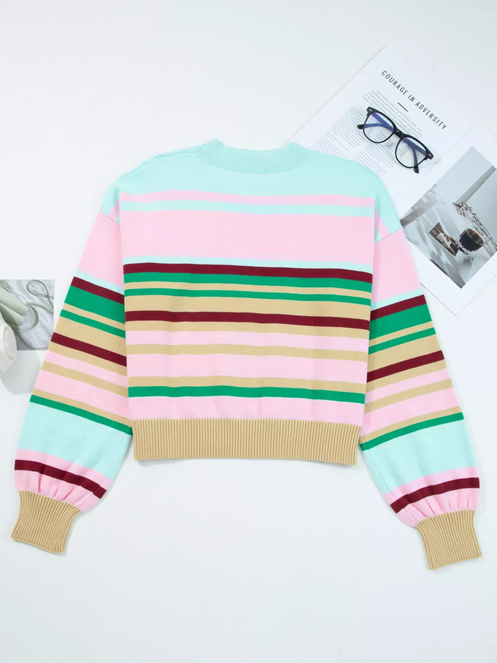 Multicolour Striped Knit Ribbed Trim Boxy Fit Cropped Sweater, image 10