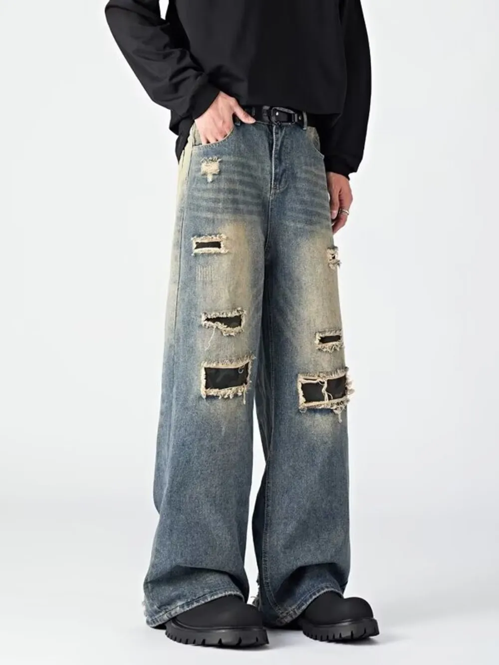Men's Ripped Wide Leg Jeans, image 3