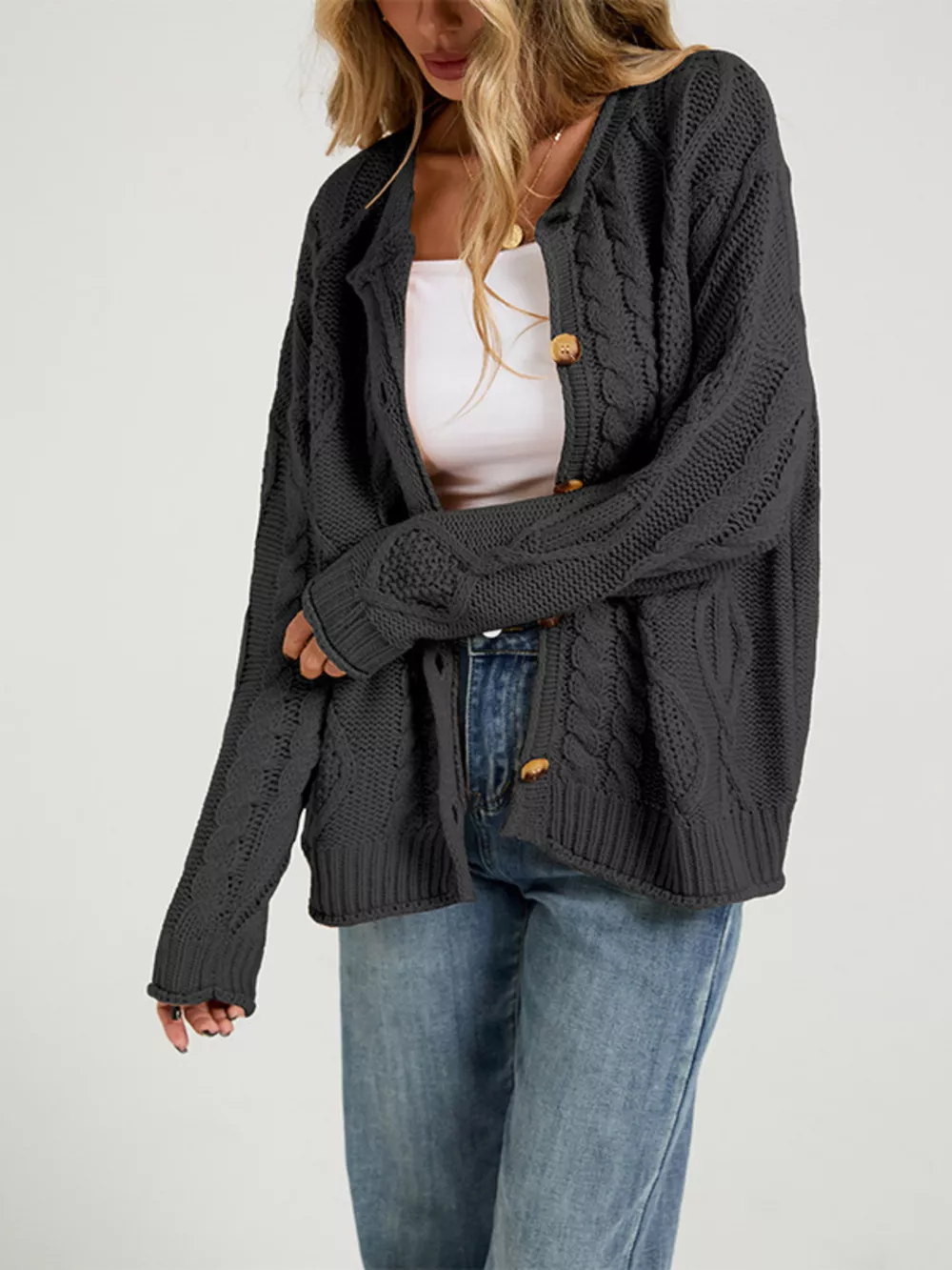 Cable-Knit Button-Down Cardigan, image 7