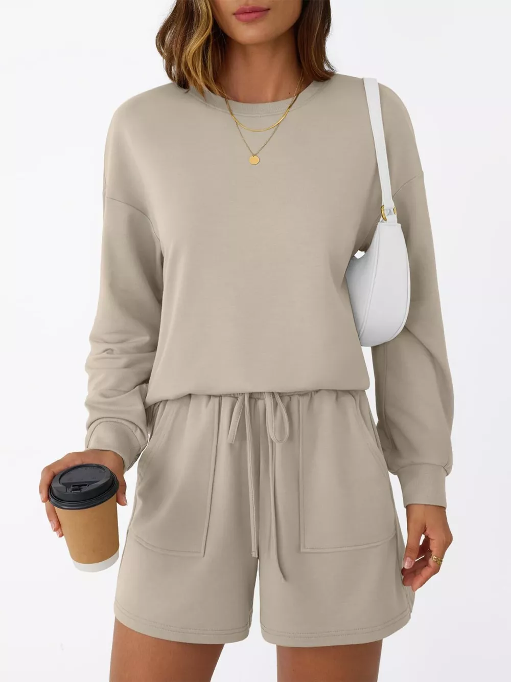 Round Neck Long Sleeve Top and Shorts Set, image 12
