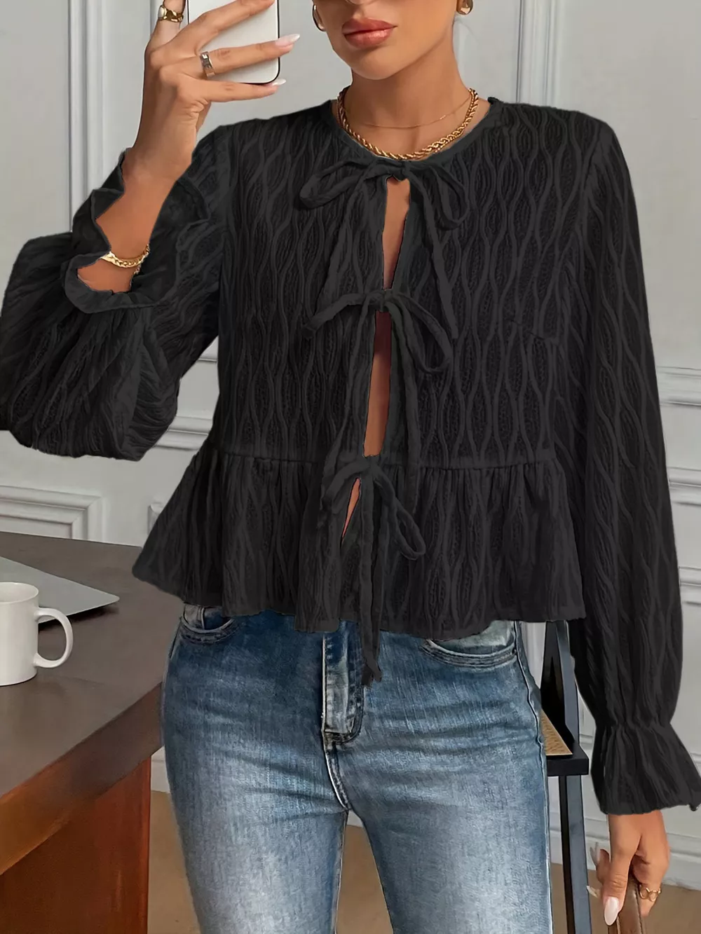 Tie Front Flounce Sleeve Blouse, image 10