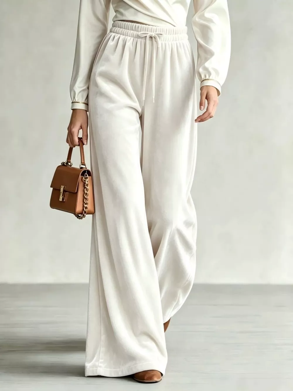 Velvet Wide-Leg Pants with Drawstring, image 4