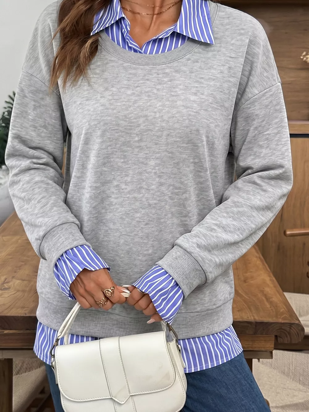 Striped Collar 2-in-1 Patchwork Casual Loose Sweatshirt, image 6