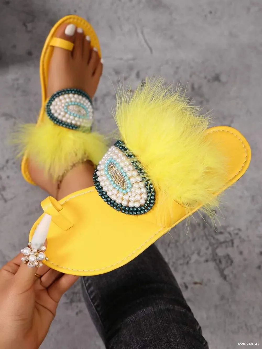 Toe Loop Fur Trim Flat Sandals, image 7