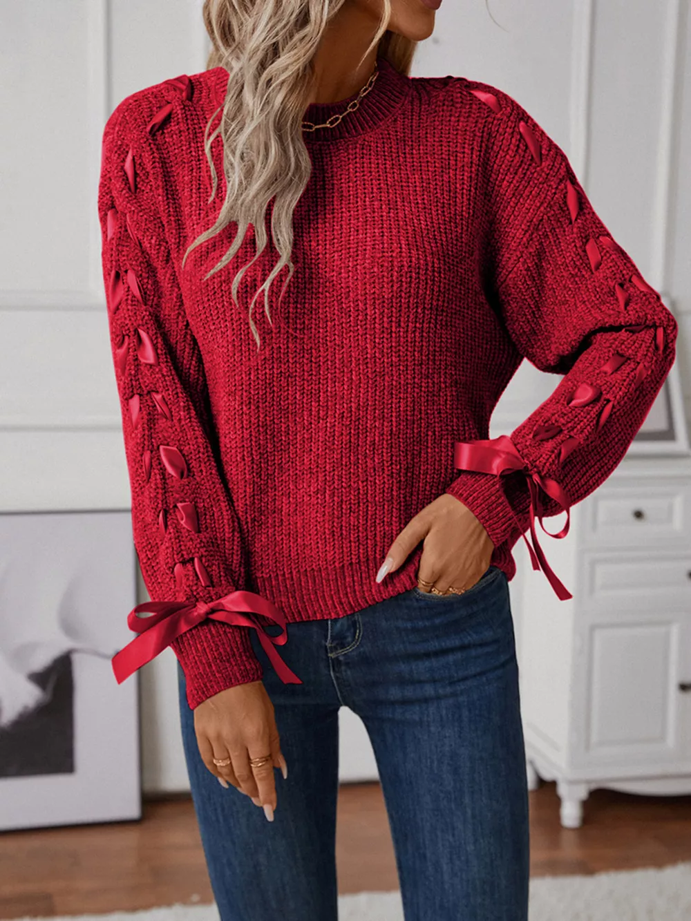 Ribbon-Tie Sleeve Round Neck Sweater, image 10