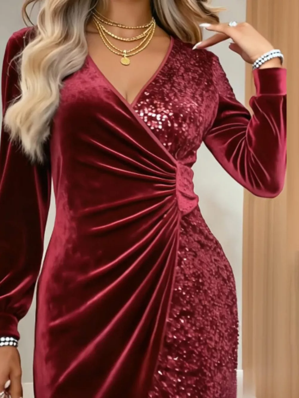 Velvet Sequin Long Sleeve Wrap Dress, image 10